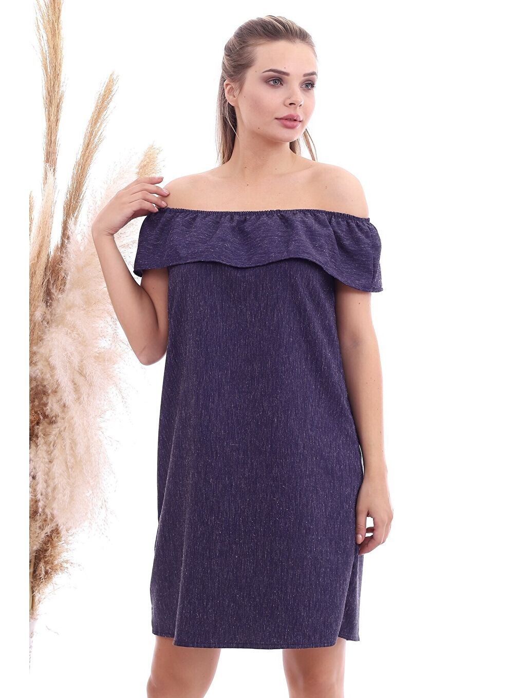 Mor Dokulu Keten Madonna Yaka Elbise-3