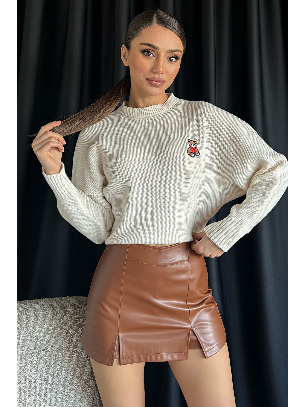 Ekru Kadın Bisiklet Yaka Yarasa Kol Örme Triko Bluz