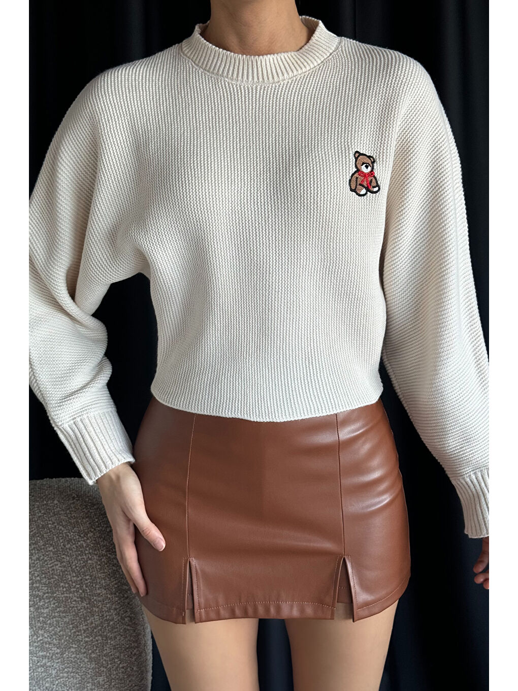 Ekru Kadın Bisiklet Yaka Yarasa Kol Örme Triko Bluz-2