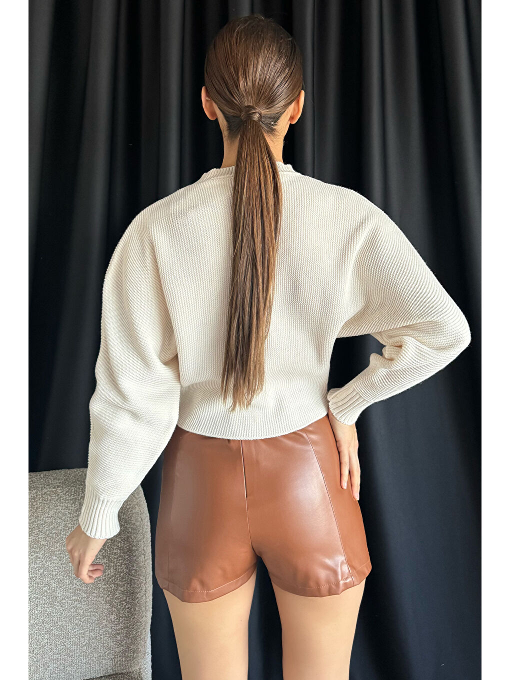 Ekru Kadın Bisiklet Yaka Yarasa Kol Örme Triko Bluz-3