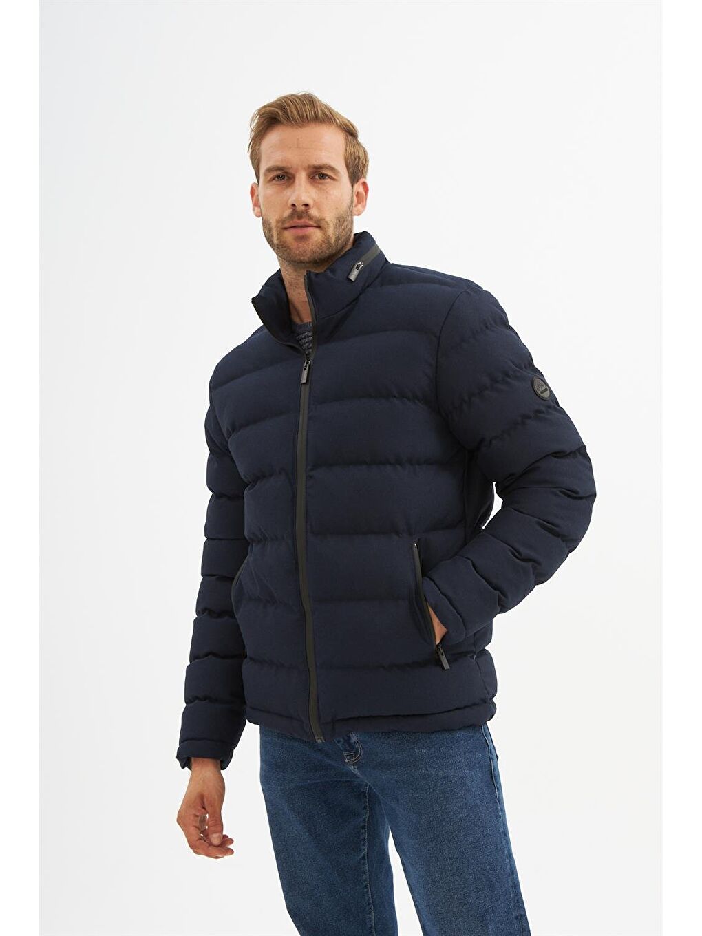 Erkek Su geçirmez Kumaş detaylı Şişme mont Lacivert