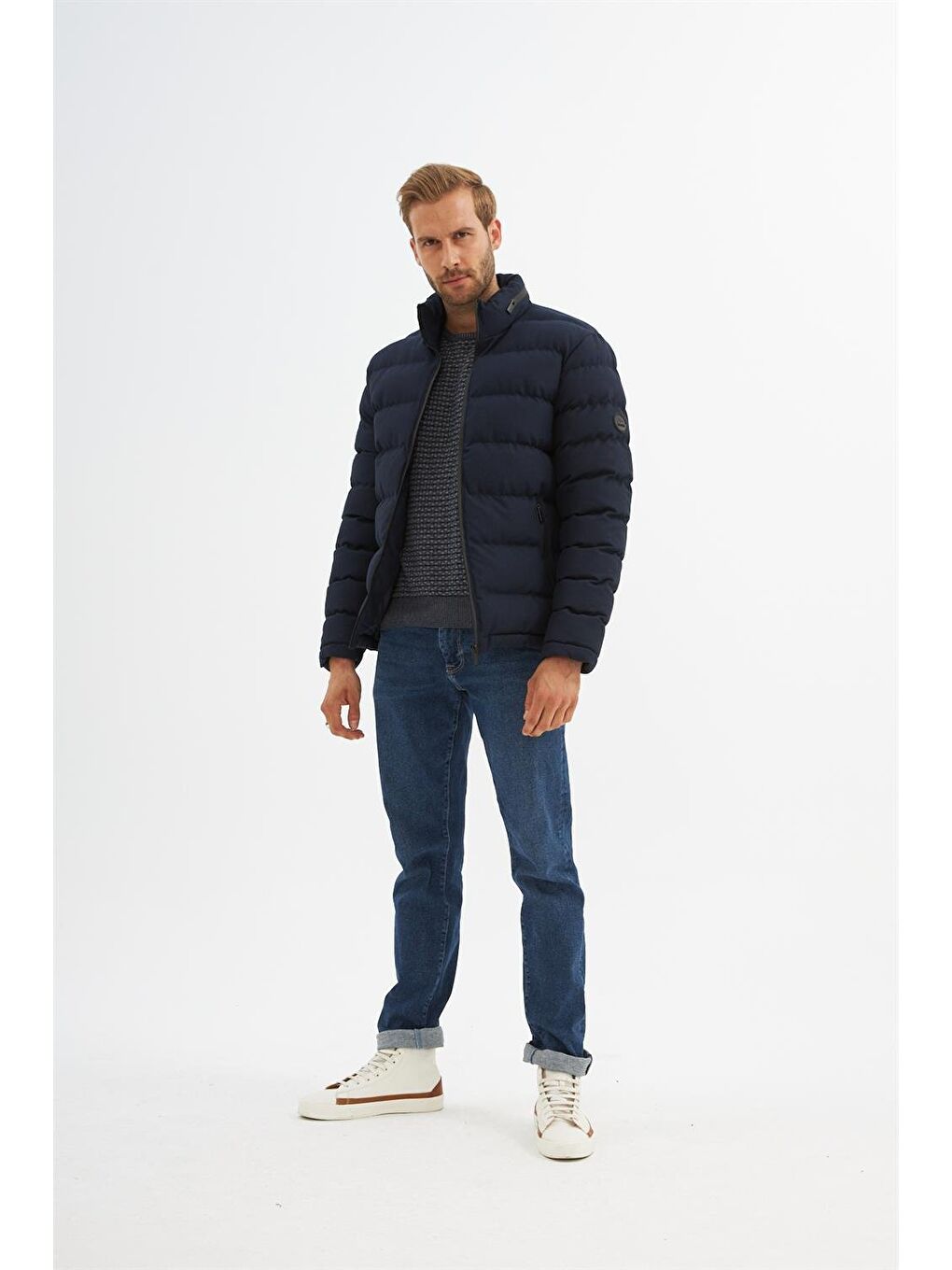 Erkek Su geçirmez Kumaş detaylı Şişme mont Lacivert-1