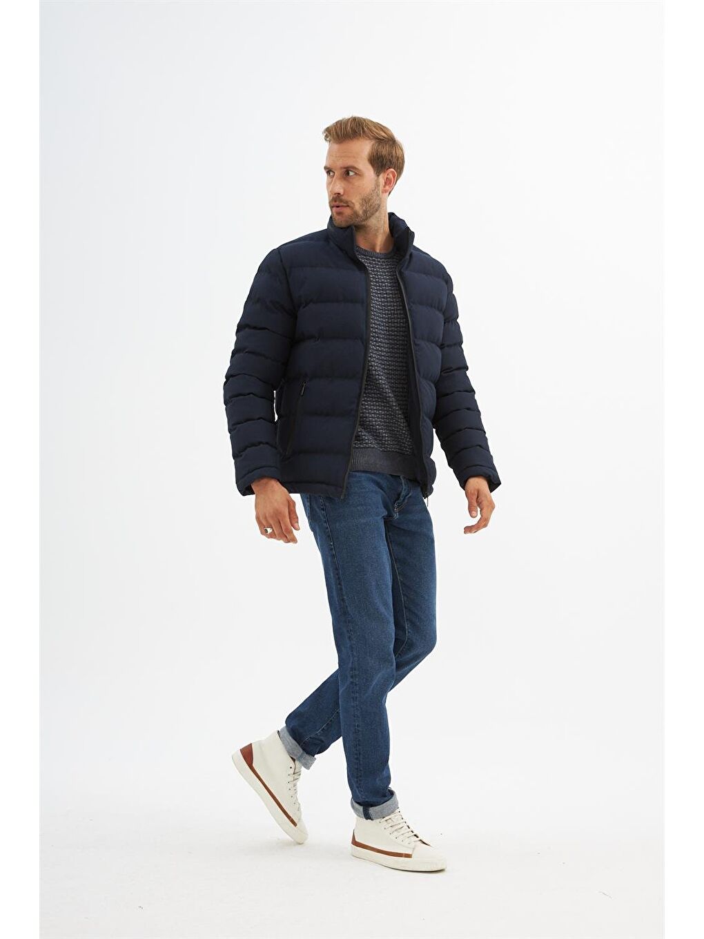 Erkek Su geçirmez Kumaş detaylı Şişme mont Lacivert-3