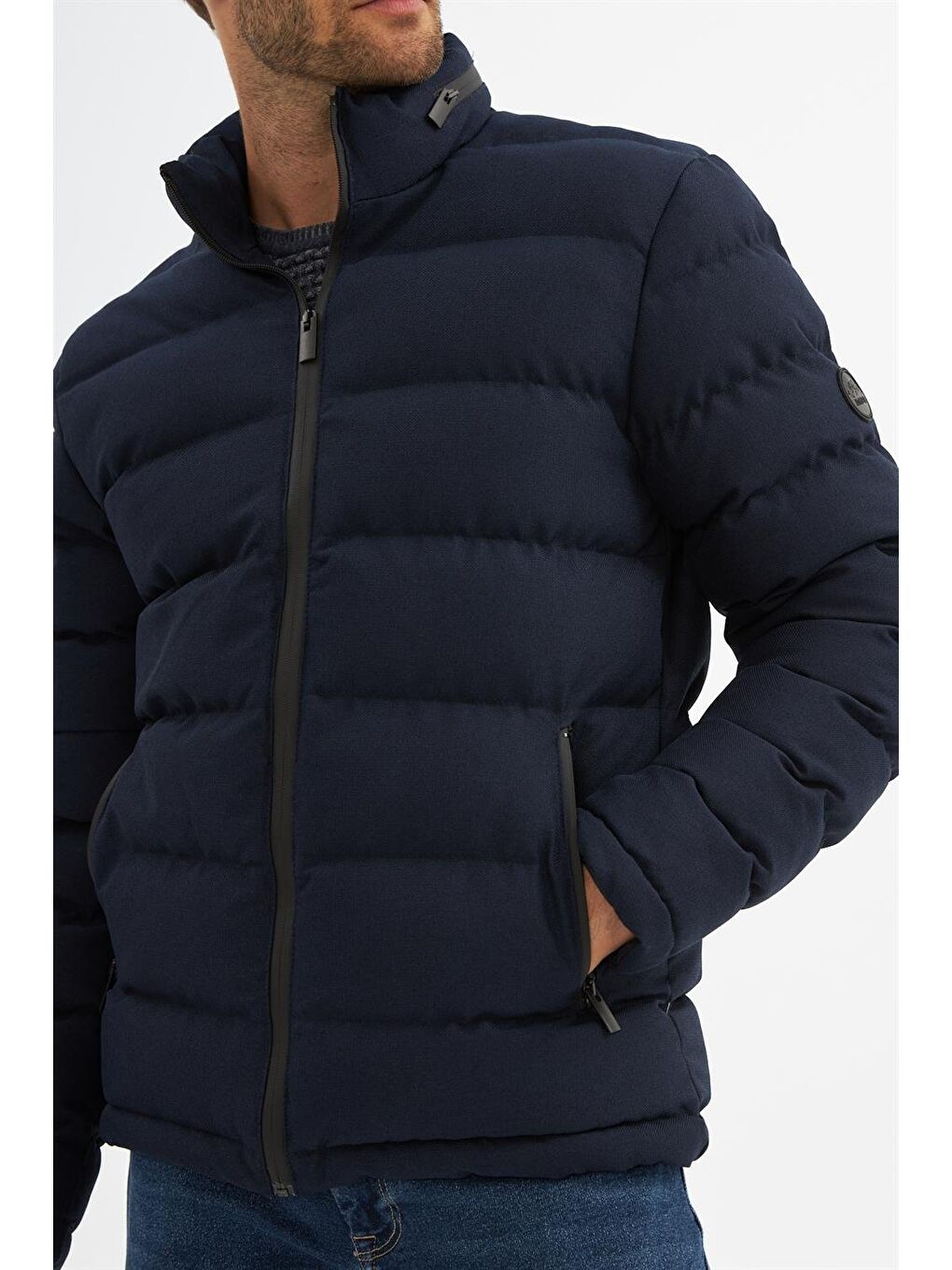 Erkek Su geçirmez Kumaş detaylı Şişme mont Lacivert-4