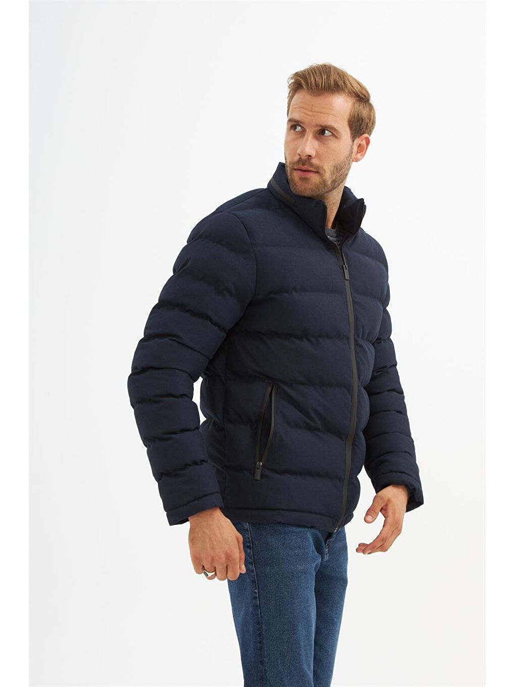 Erkek Su geçirmez Kumaş detaylı Şişme mont Lacivert-5