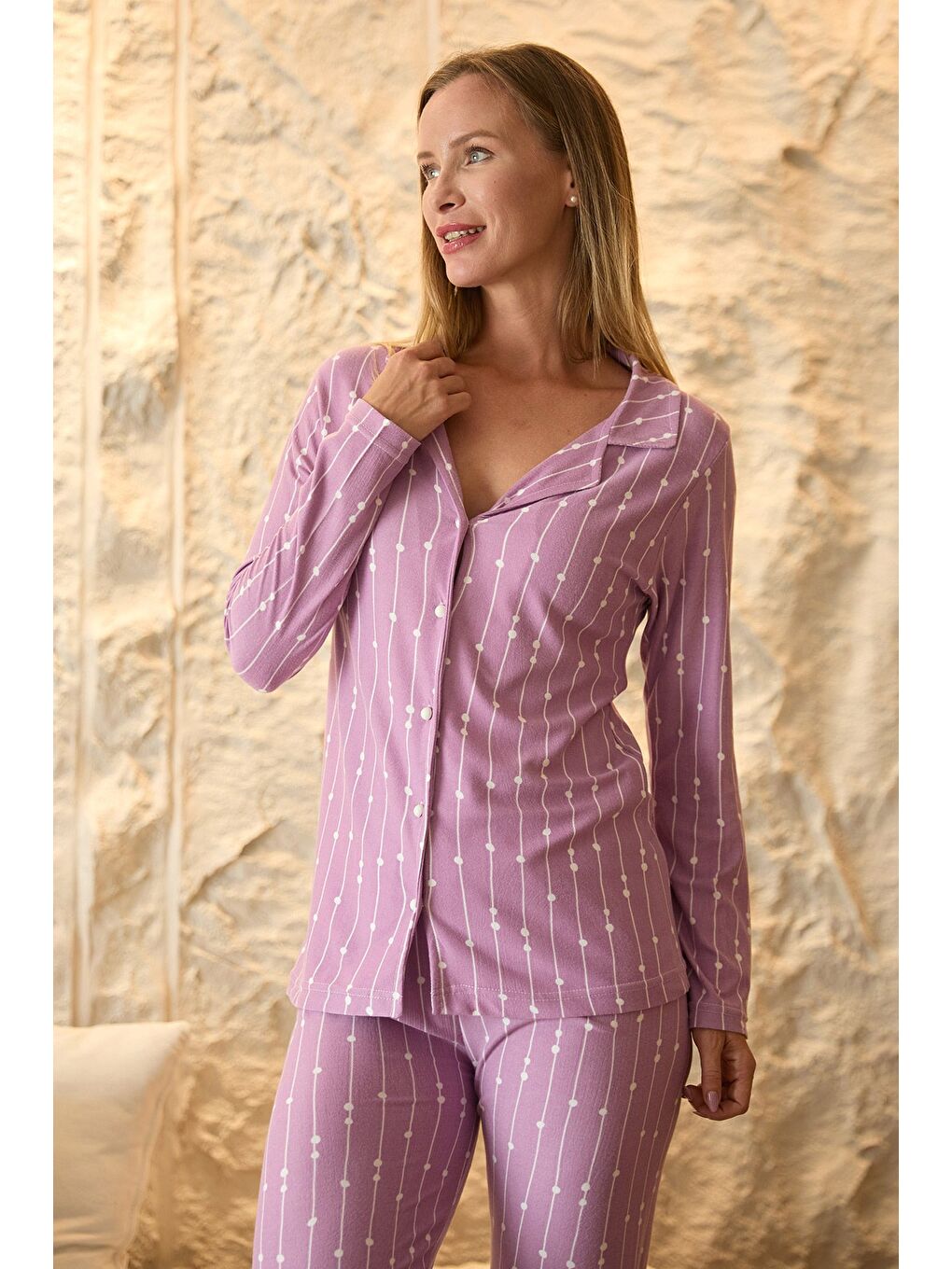 Lila Kalp Desenli Gömlek Yaka Süet Pijama Takımı-1