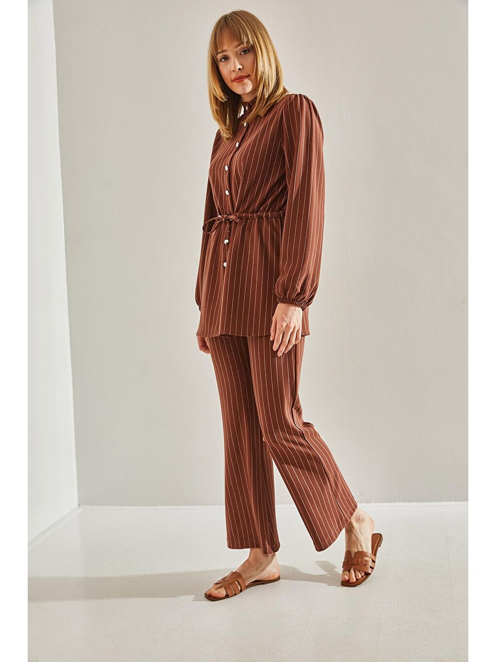 Kahverengi Kadın Düğme Detaylı Belden Bağlamalı Çizgili Alt-Üst Takım-2