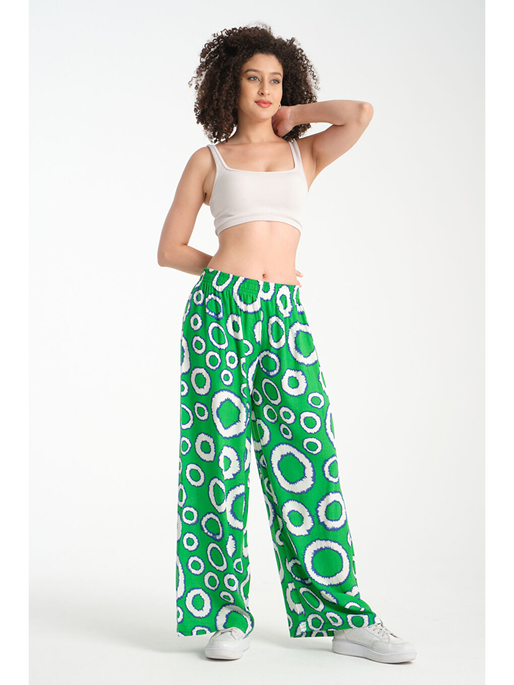 Yeşil Kadın Yuvarlak Desenli Dökümlü Viskon Pantolon 1082-1