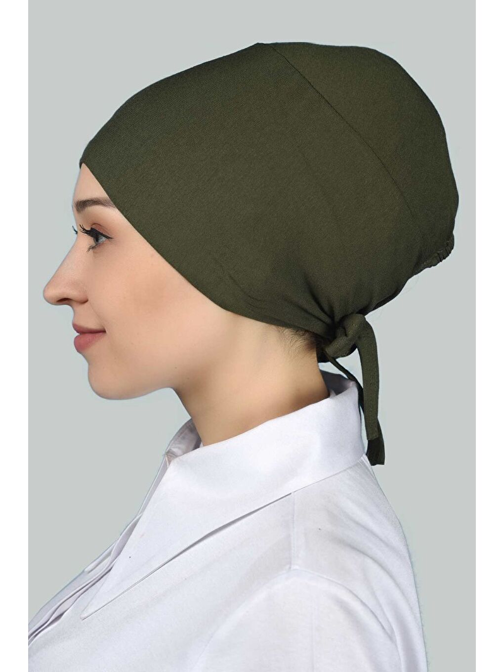 Haki Kadın Pratik Dikişsiz Bağcıklı Kaymayan Tesettür Penye Bone-2