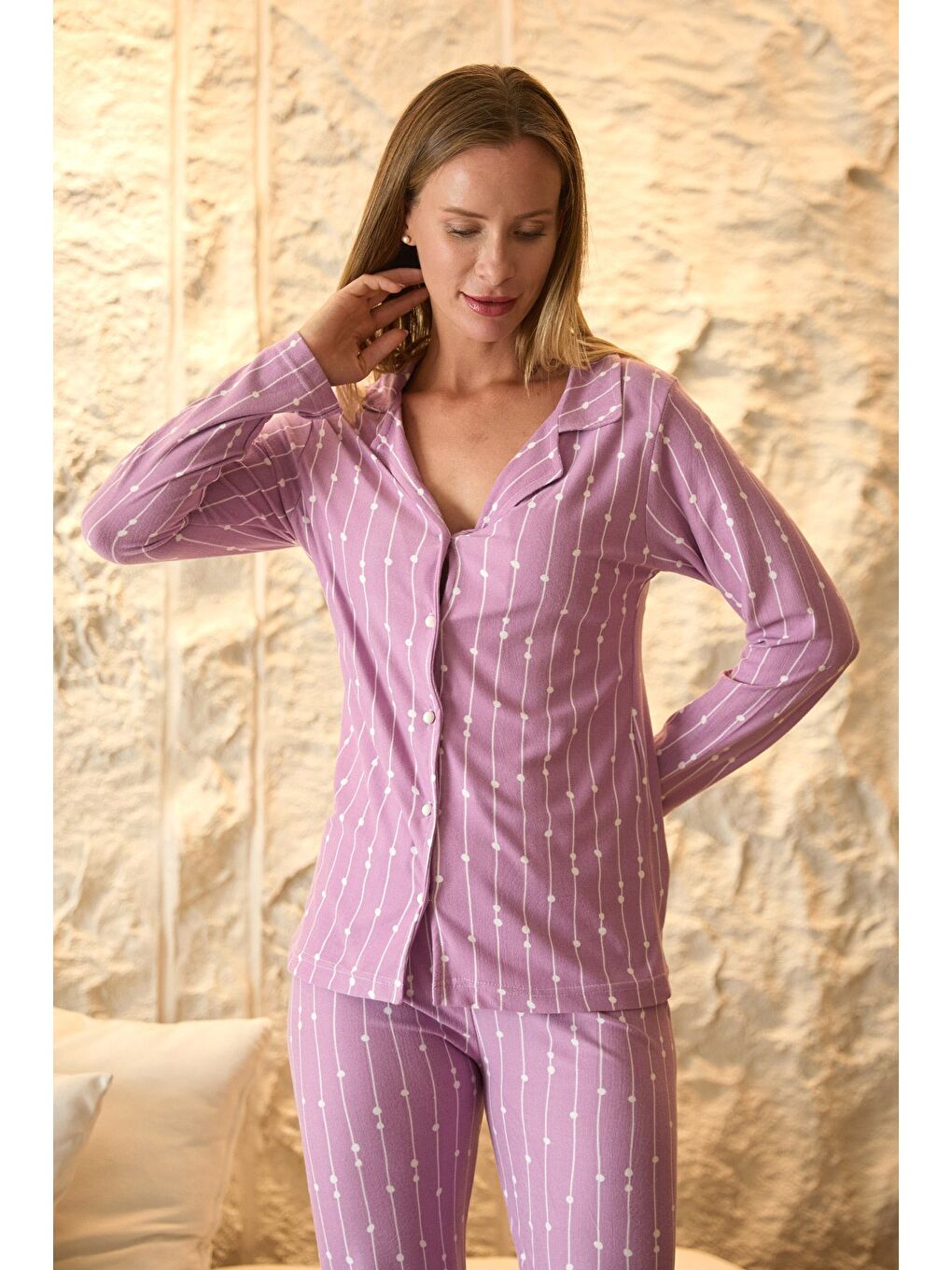 Lila Kalp Desenli Gömlek Yaka Süet Pijama Takımı-2