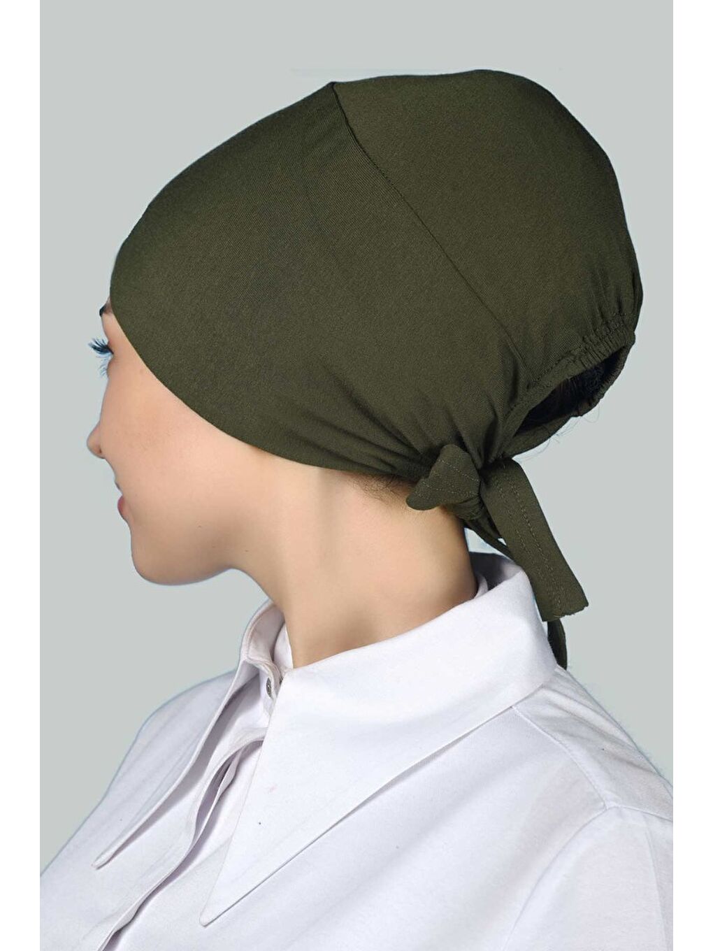 Haki Kadın Pratik Dikişsiz Bağcıklı Kaymayan Tesettür Penye Bone-3