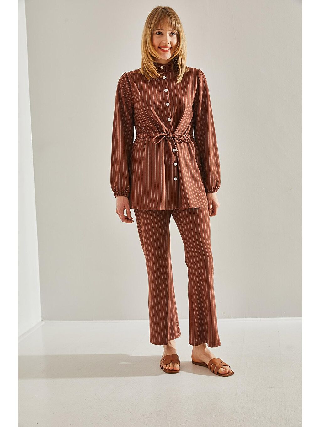 Kahverengi Kadın Düğme Detaylı Belden Bağlamalı Çizgili Alt-Üst Takım-3
