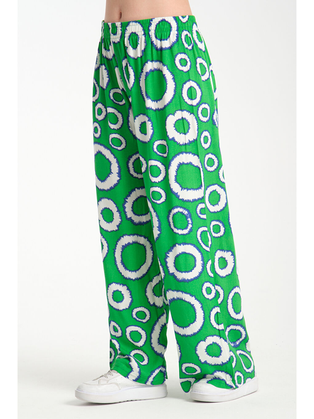 Yeşil Kadın Yuvarlak Desenli Dökümlü Viskon Pantolon 1082-2