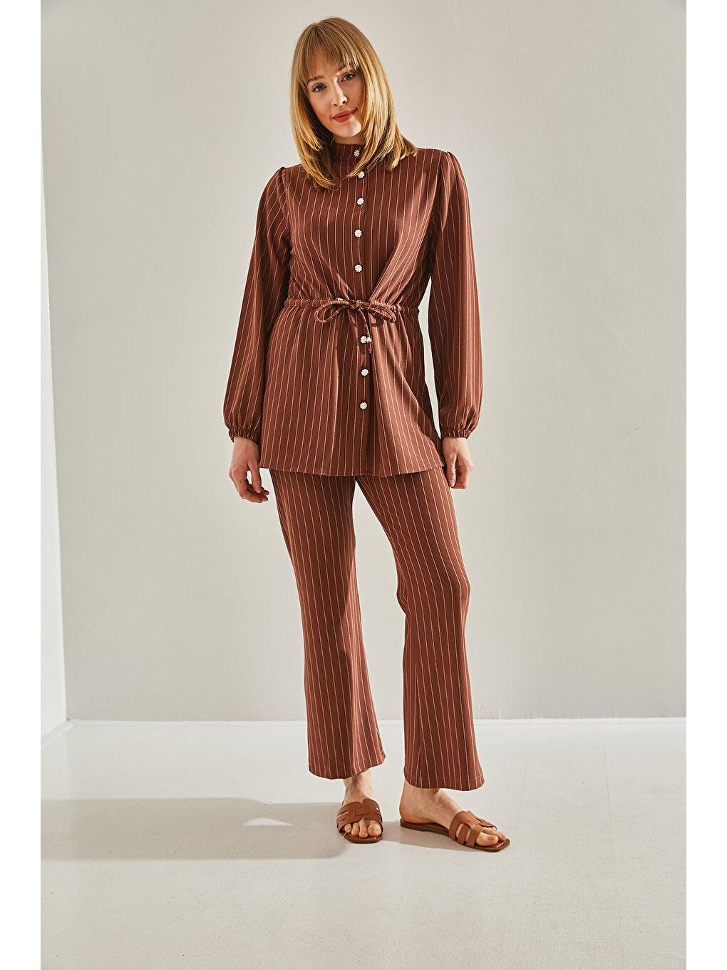 Kahverengi Kadın Düğme Detaylı Belden Bağlamalı Çizgili Alt-Üst Takım-4
