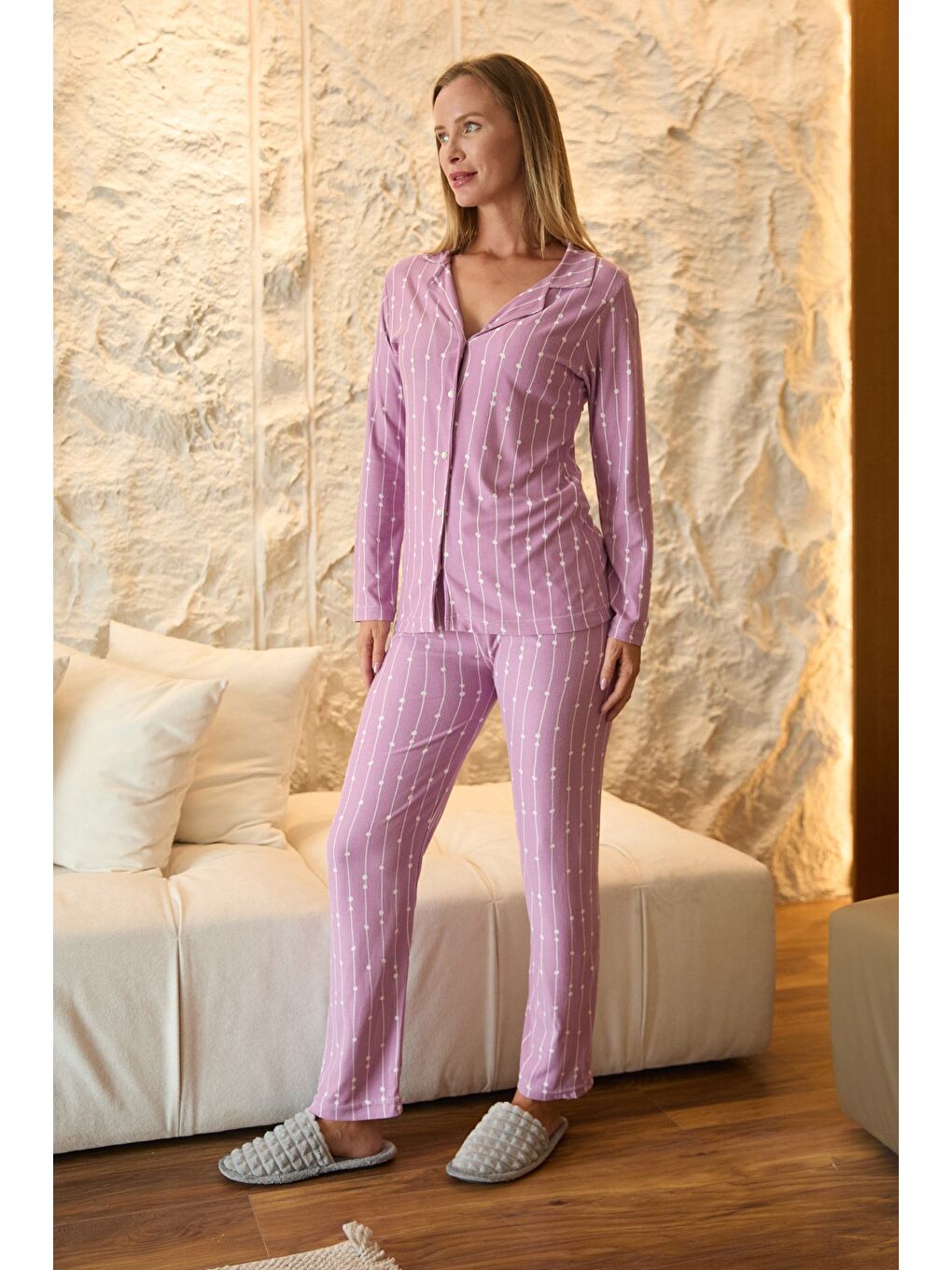 Lila Kalp Desenli Gömlek Yaka Süet Pijama Takımı-3