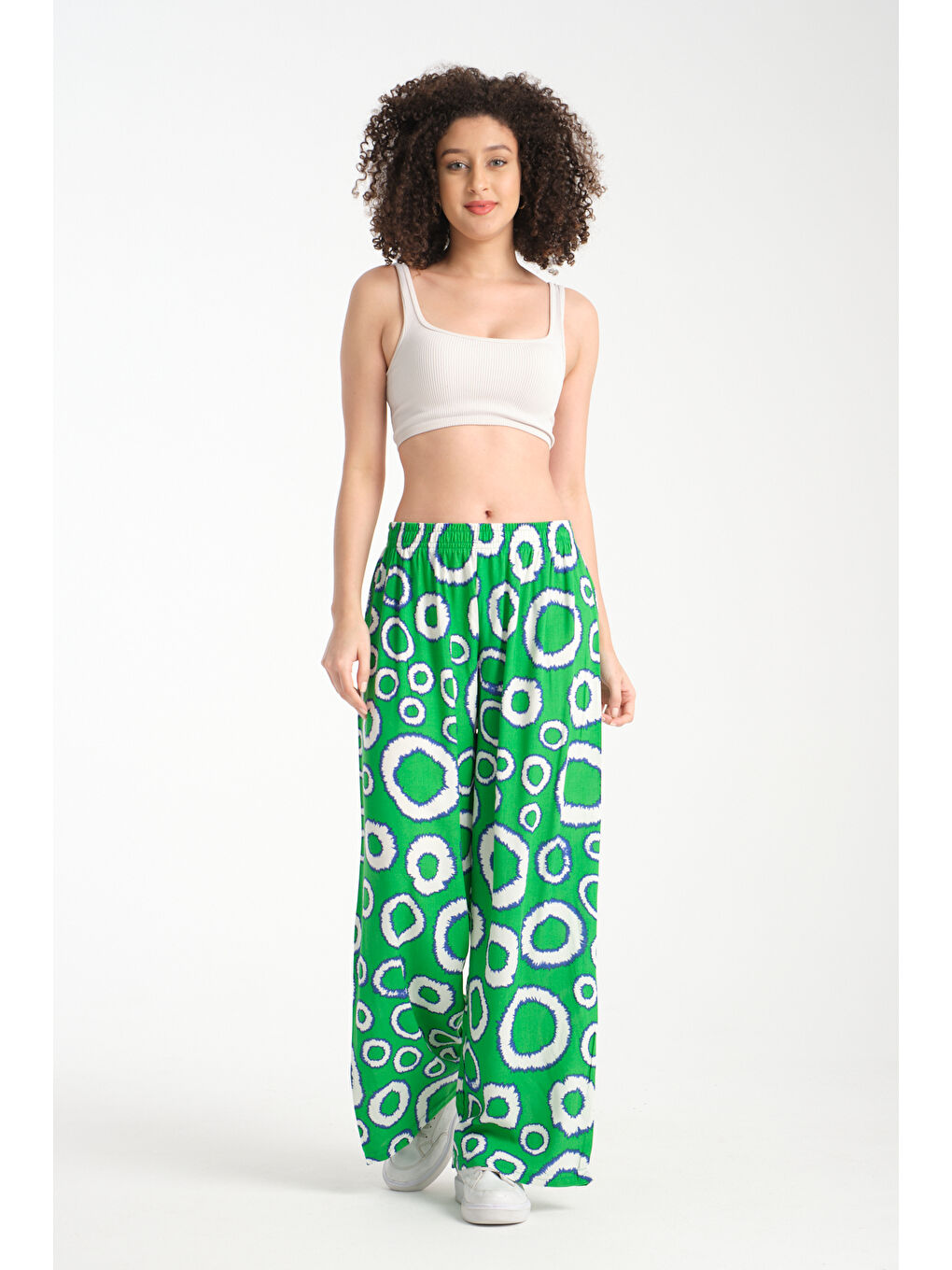 Yeşil Kadın Yuvarlak Desenli Dökümlü Viskon Pantolon 1082-4