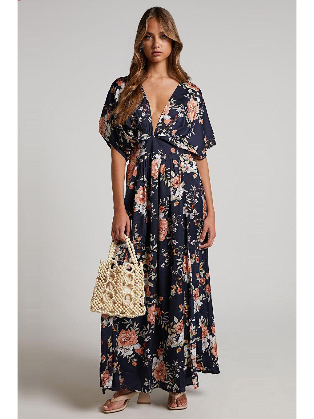 Lacivert Desenli Yırtmaç Detaylı Uzun Elbise Mg1698-5