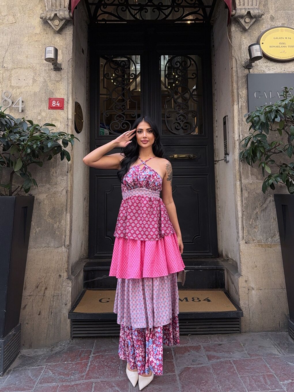 Bordo Kat Kat Desenli Tasarım Elbise-2