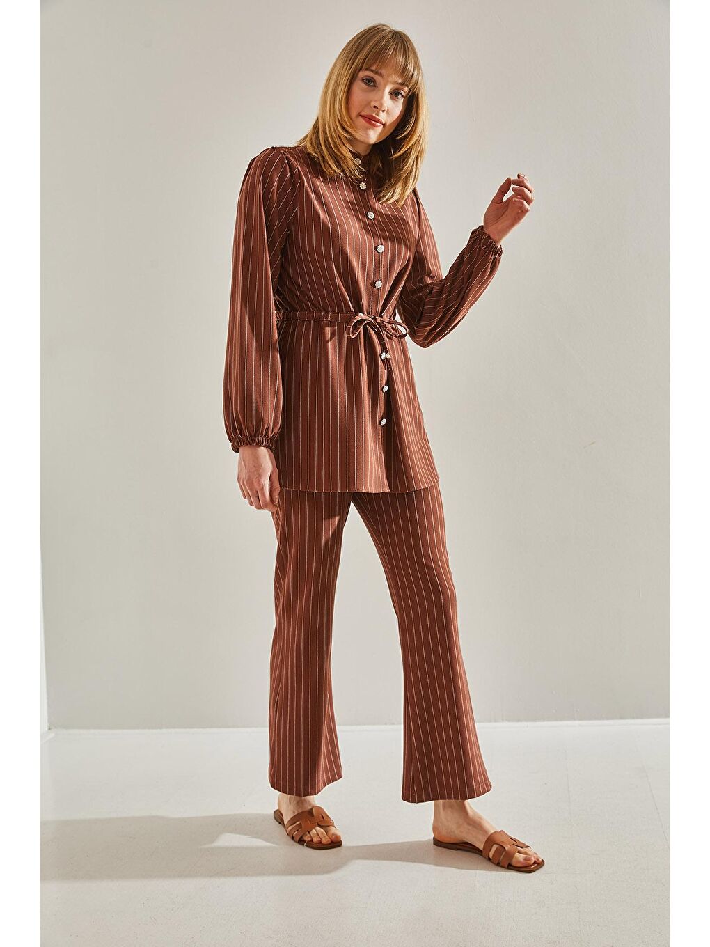 Kahverengi Kadın Düğme Detaylı Belden Bağlamalı Çizgili Alt-Üst Takım-5