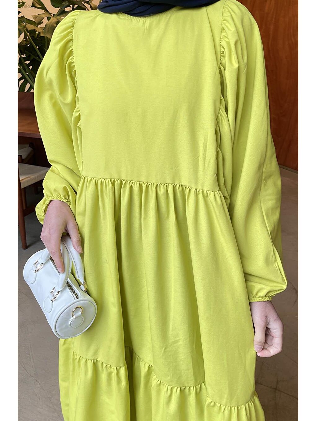 Balon Kol Katlı Yazlık Elbise Yağ Yeşili-1