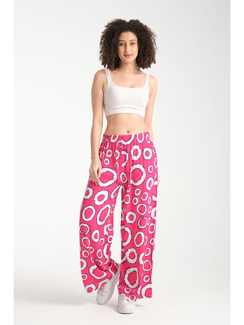 Fuşya Kadın Yuvarlak Desenli Dökümlü Viskon Pantolon 1082-1