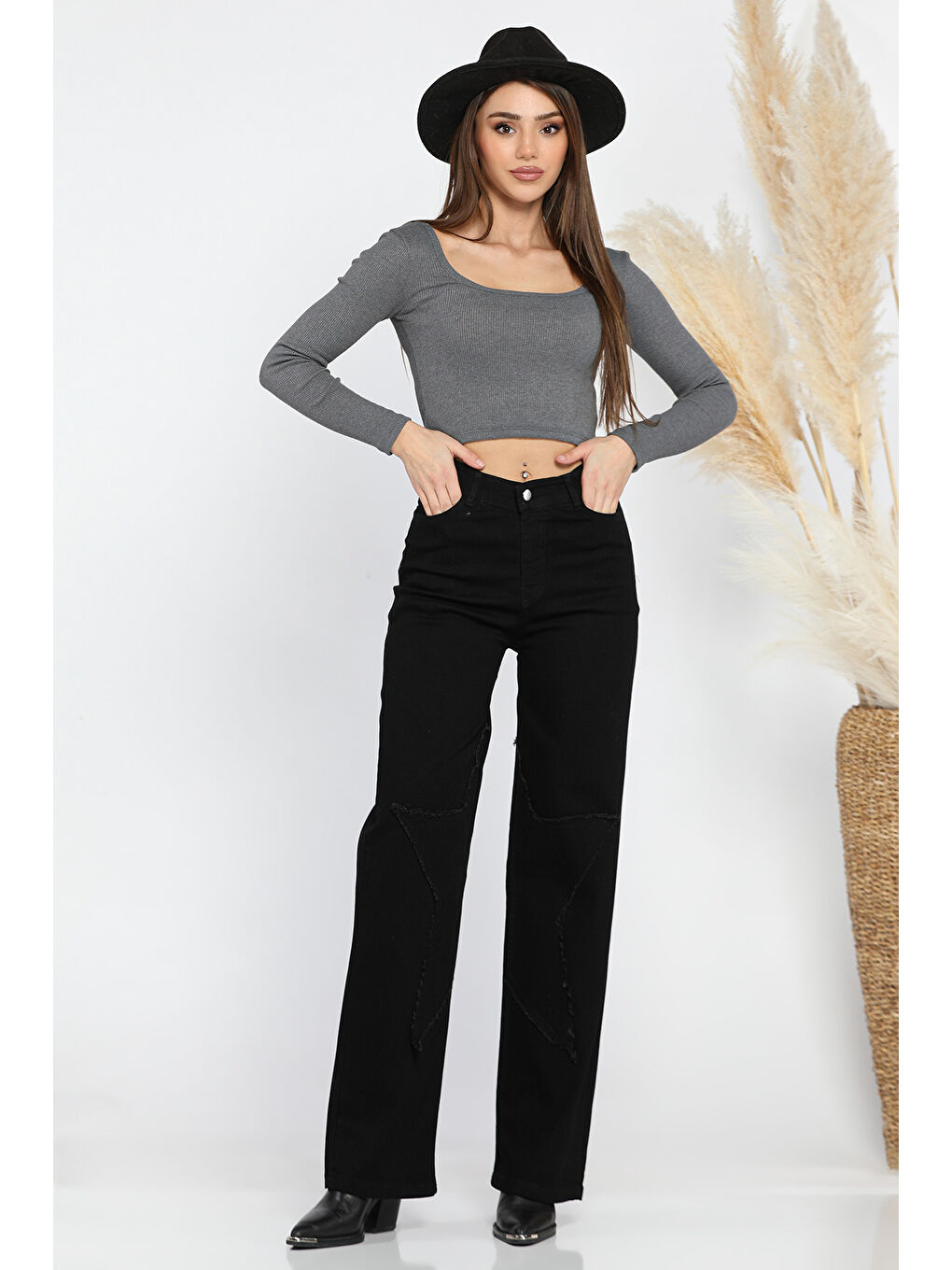 Siyah Kadın Yüksek Bel Püskül Detaylı Bol Paça Jean Pantolon