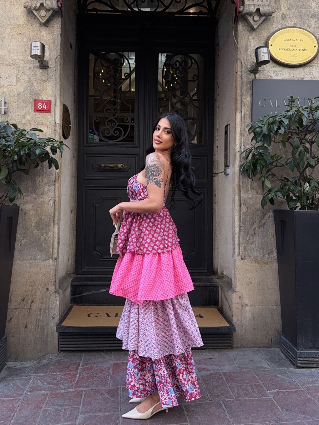 Bordo Kat Kat Desenli Tasarım Elbise-3