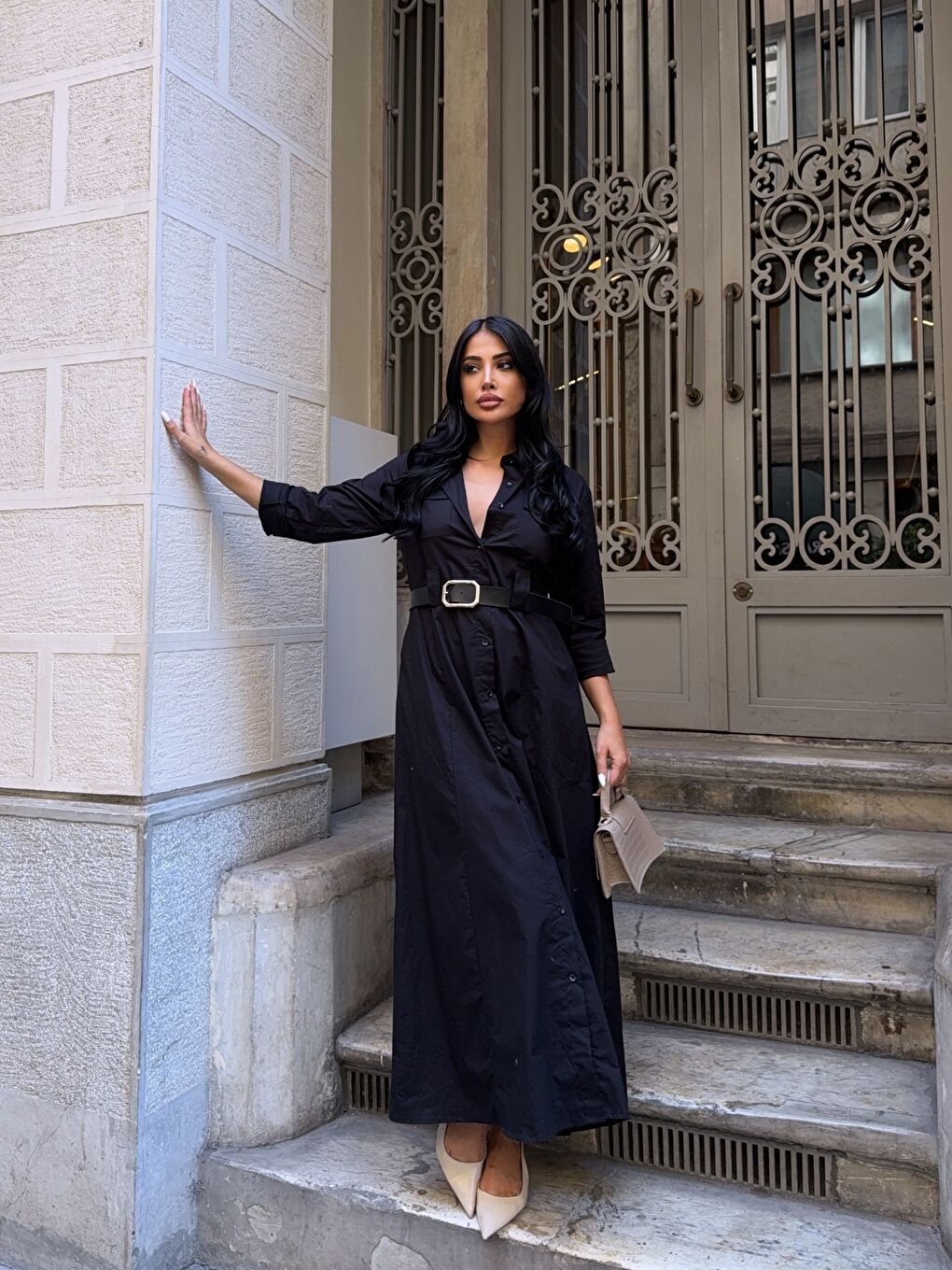 Çift Cep Detay Gömlek Elbise Siyah-1