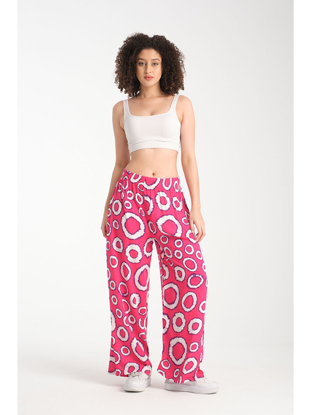 Fuşya Kadın Yuvarlak Desenli Dökümlü Viskon Pantolon 1082-4