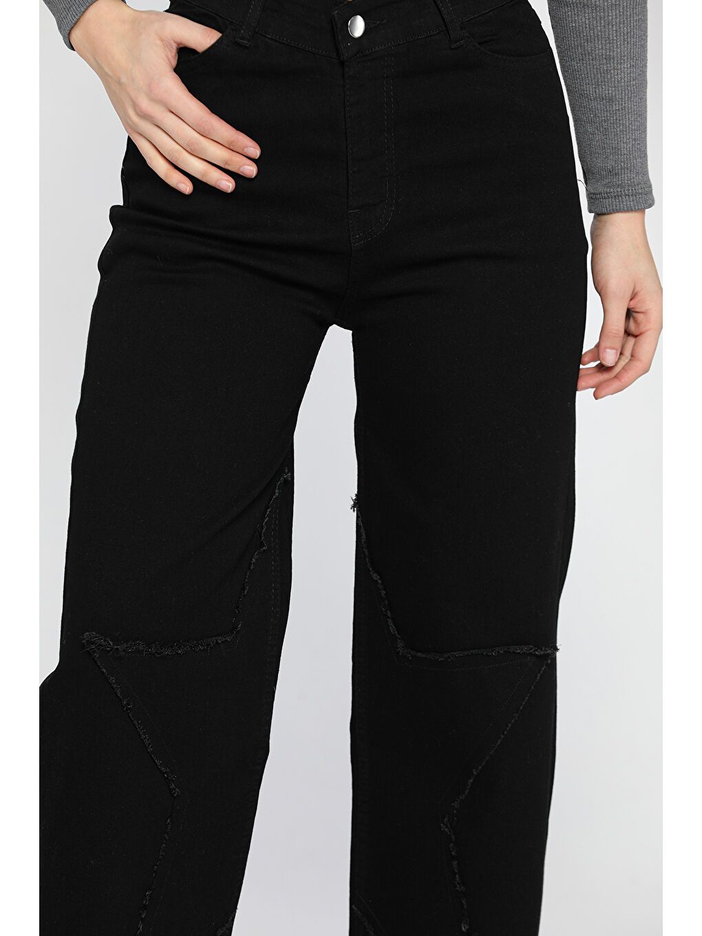 Siyah Kadın Yüksek Bel Püskül Detaylı Bol Paça Jean Pantolon-3