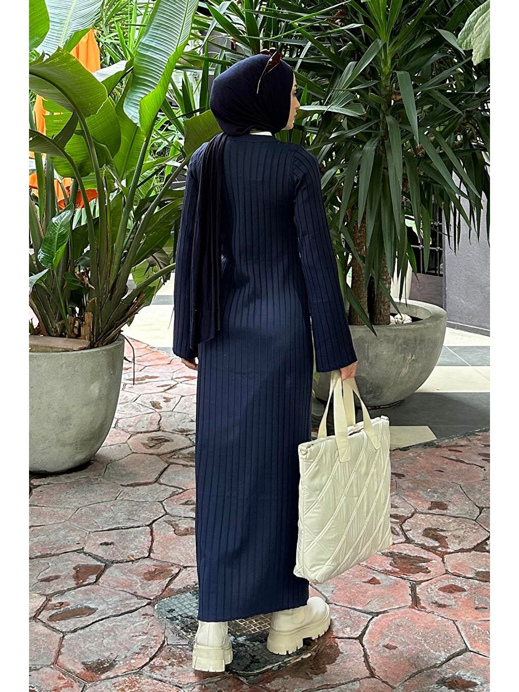 Bisiklet Yaka Fitilli Triko Tesettür Elbise Lacivert-3
