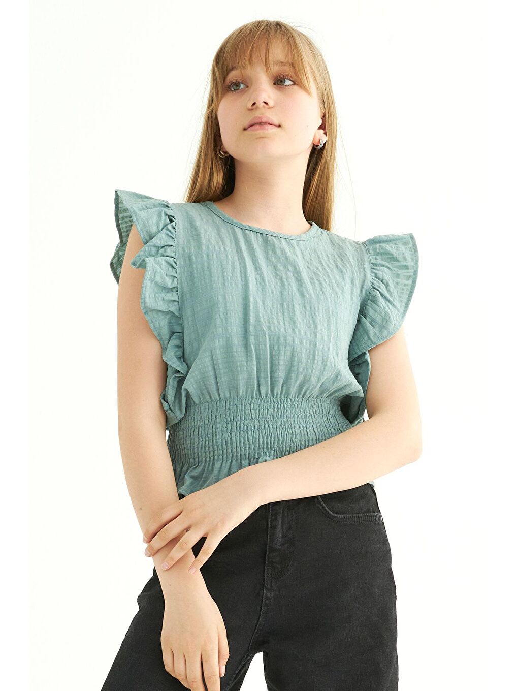 Bisiklet Yaka Yarasa Kol Yeşil Renk Kız Çocuk Bluz