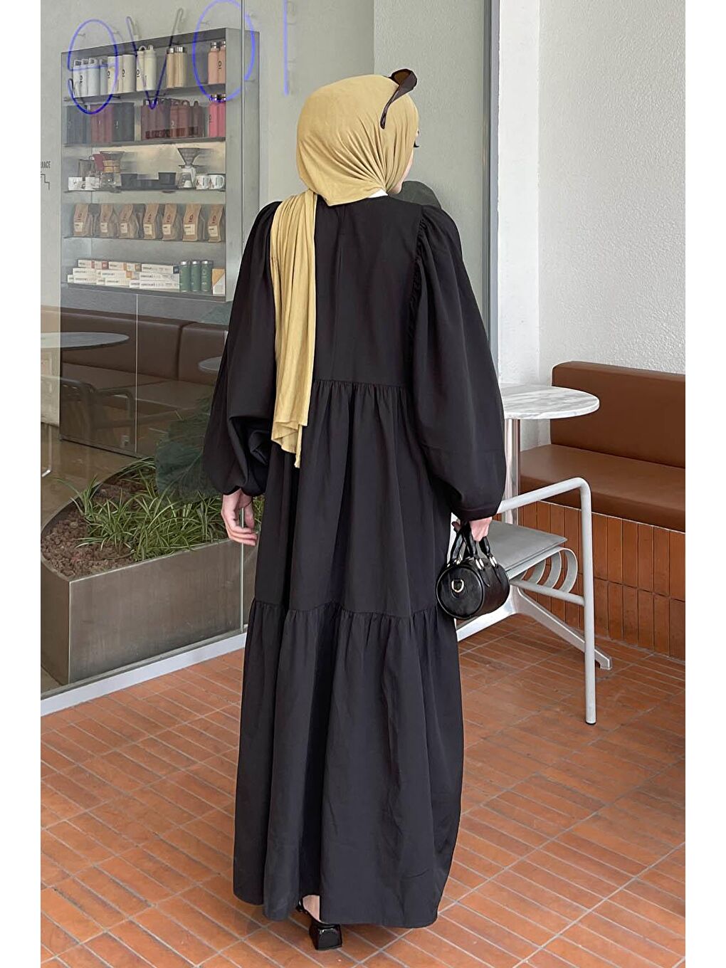 Balon Kol Katlı Yazlık Elbise Siyah-2