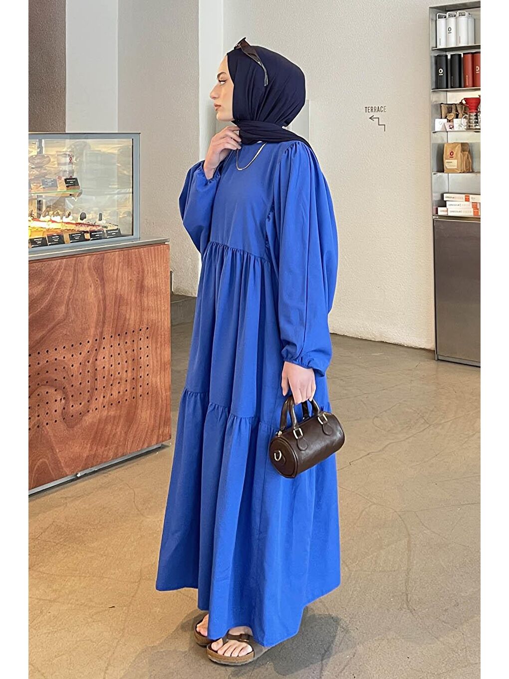 Balon Kol Katlı Yazlık Elbise Saks Mavisi-1