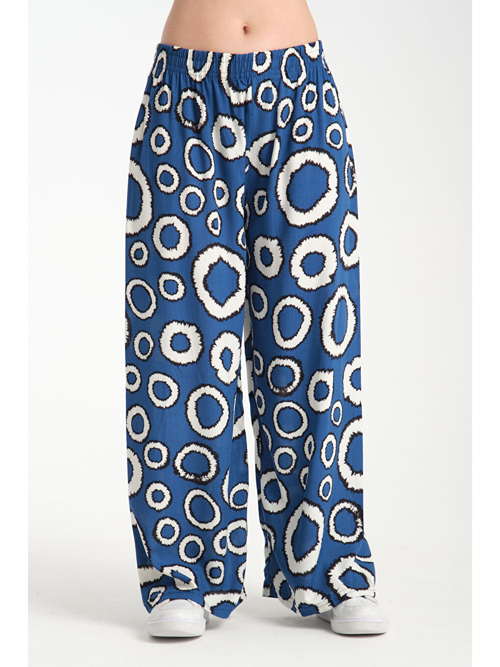 Lacivert Kadın Yuvarlak Desenli Dökümlü Viskon Pantolon 1082