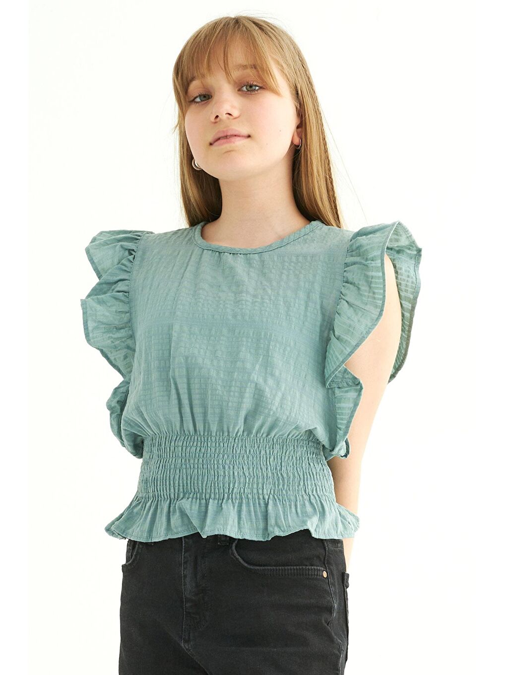 Bisiklet Yaka Yarasa Kol Yeşil Renk Kız Çocuk Bluz-1