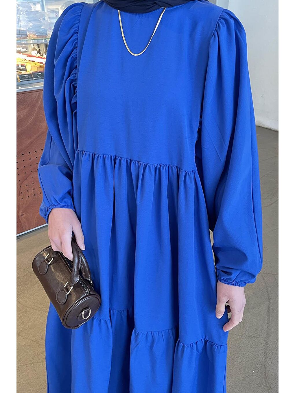 Balon Kol Katlı Yazlık Elbise Saks Mavisi-2