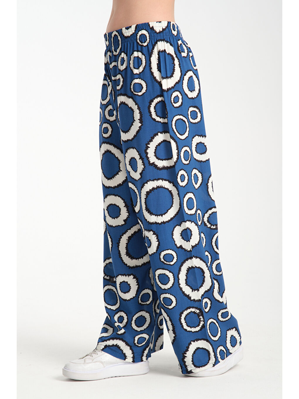 Lacivert Kadın Yuvarlak Desenli Dökümlü Viskon Pantolon 1082-2