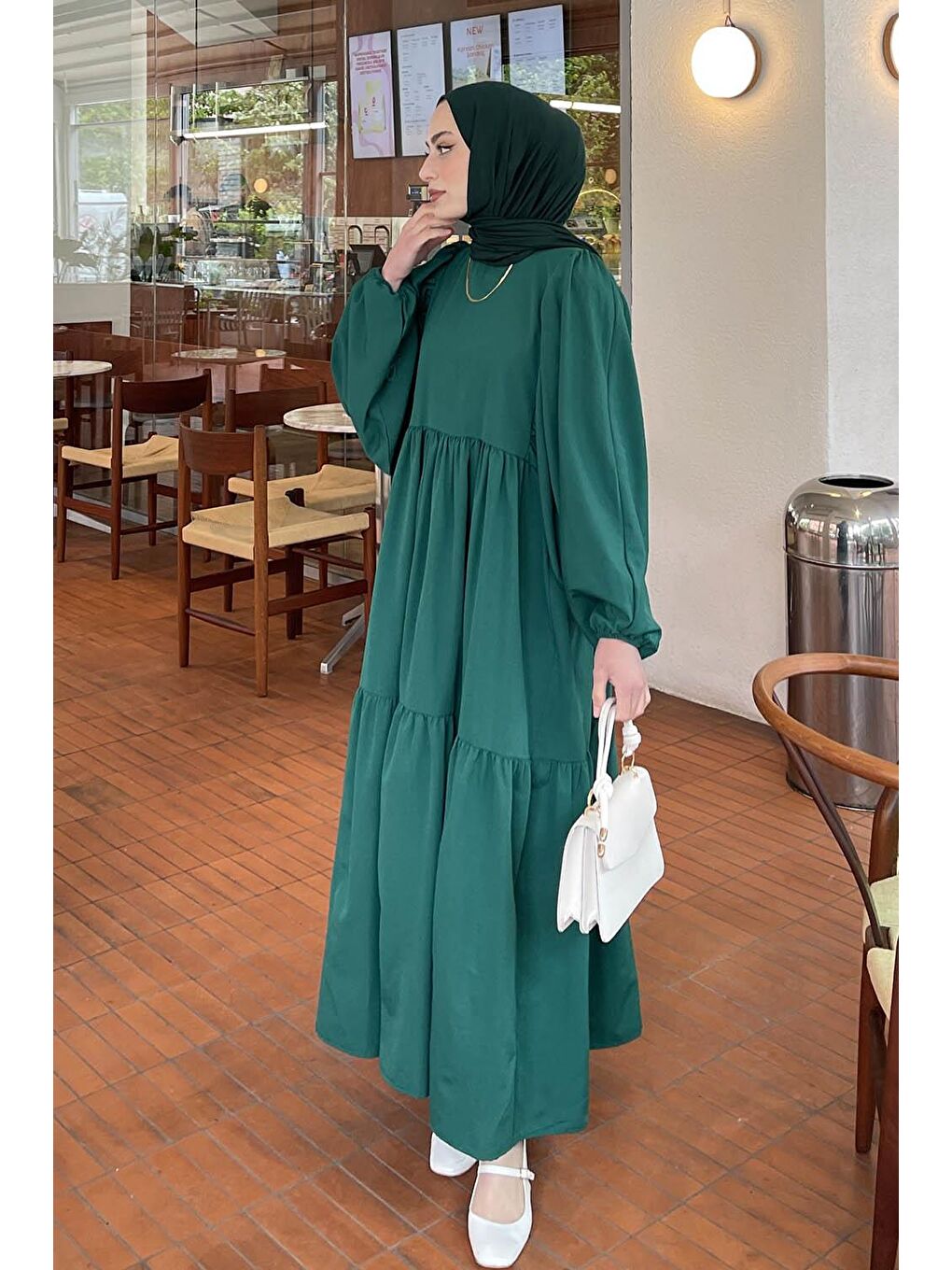 Balon Kol Katlı Yazlık Elbise Zümrüt Yeşili-1