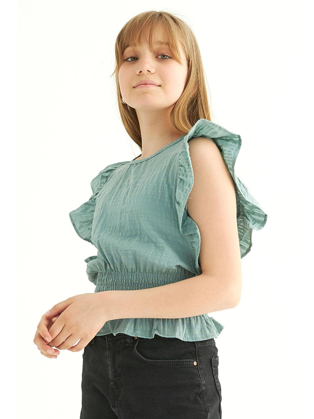 Bisiklet Yaka Yarasa Kol Yeşil Renk Kız Çocuk Bluz-2