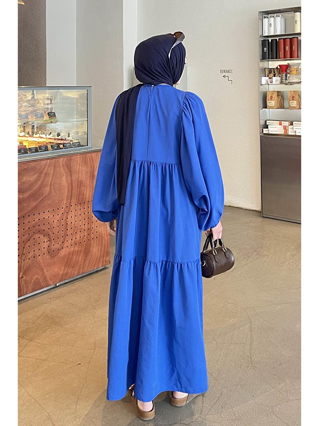 Balon Kol Katlı Yazlık Elbise Saks Mavisi-3