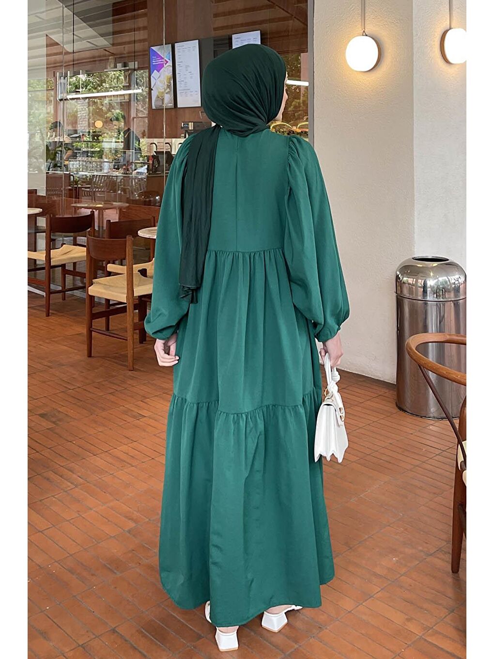 Balon Kol Katlı Yazlık Elbise Zümrüt Yeşili-2