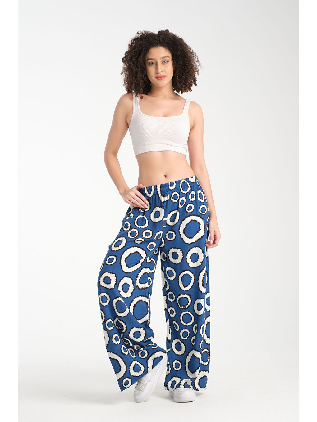 Lacivert Kadın Yuvarlak Desenli Dökümlü Viskon Pantolon 1082-4