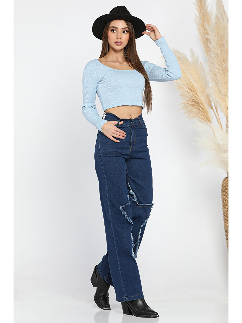 Lacivert Kadın Yüksek Bel Püskül Detaylı Bol Paça Jean Pantolon-1