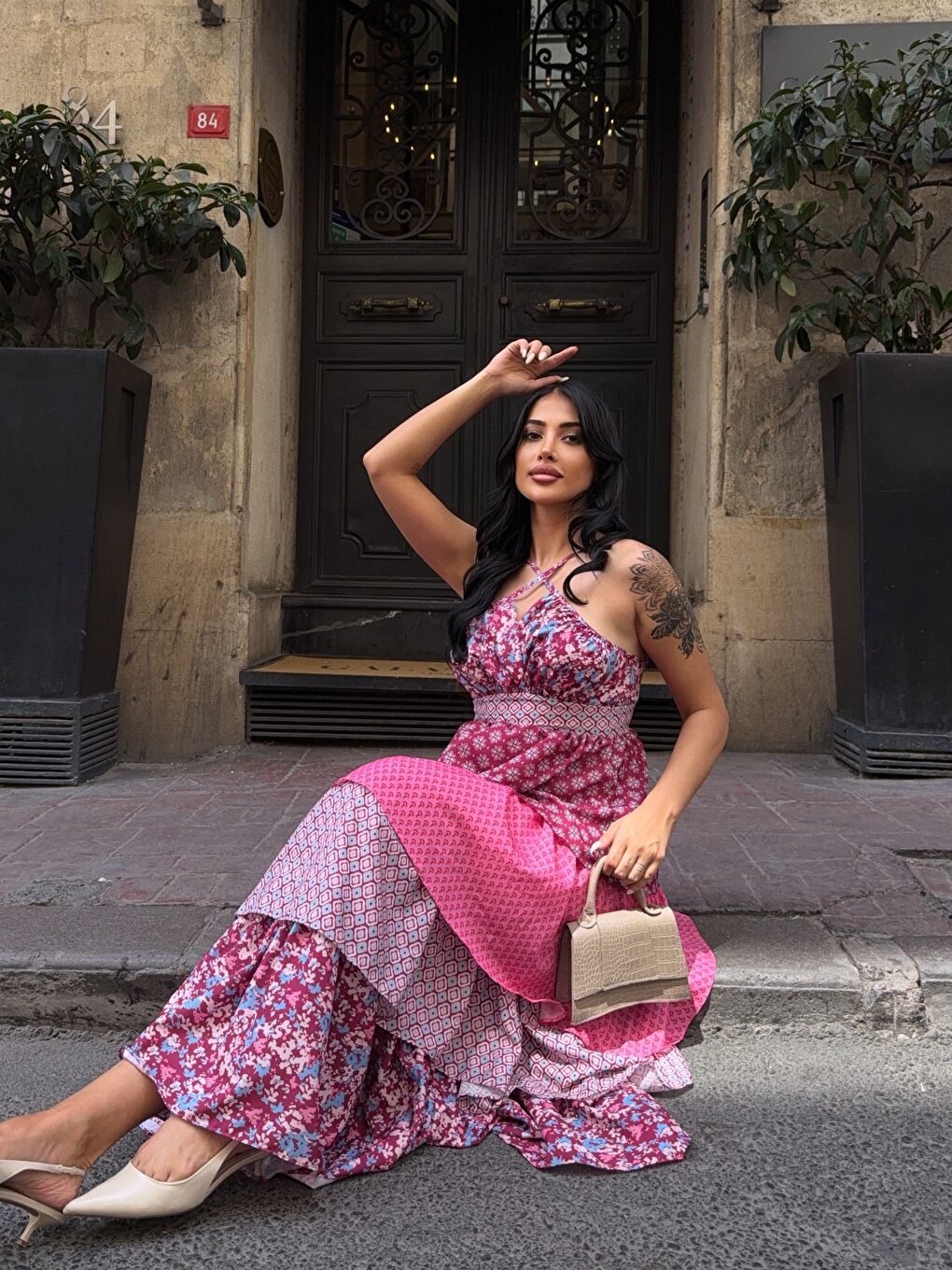 Bordo Kat Kat Desenli Tasarım Elbise-4