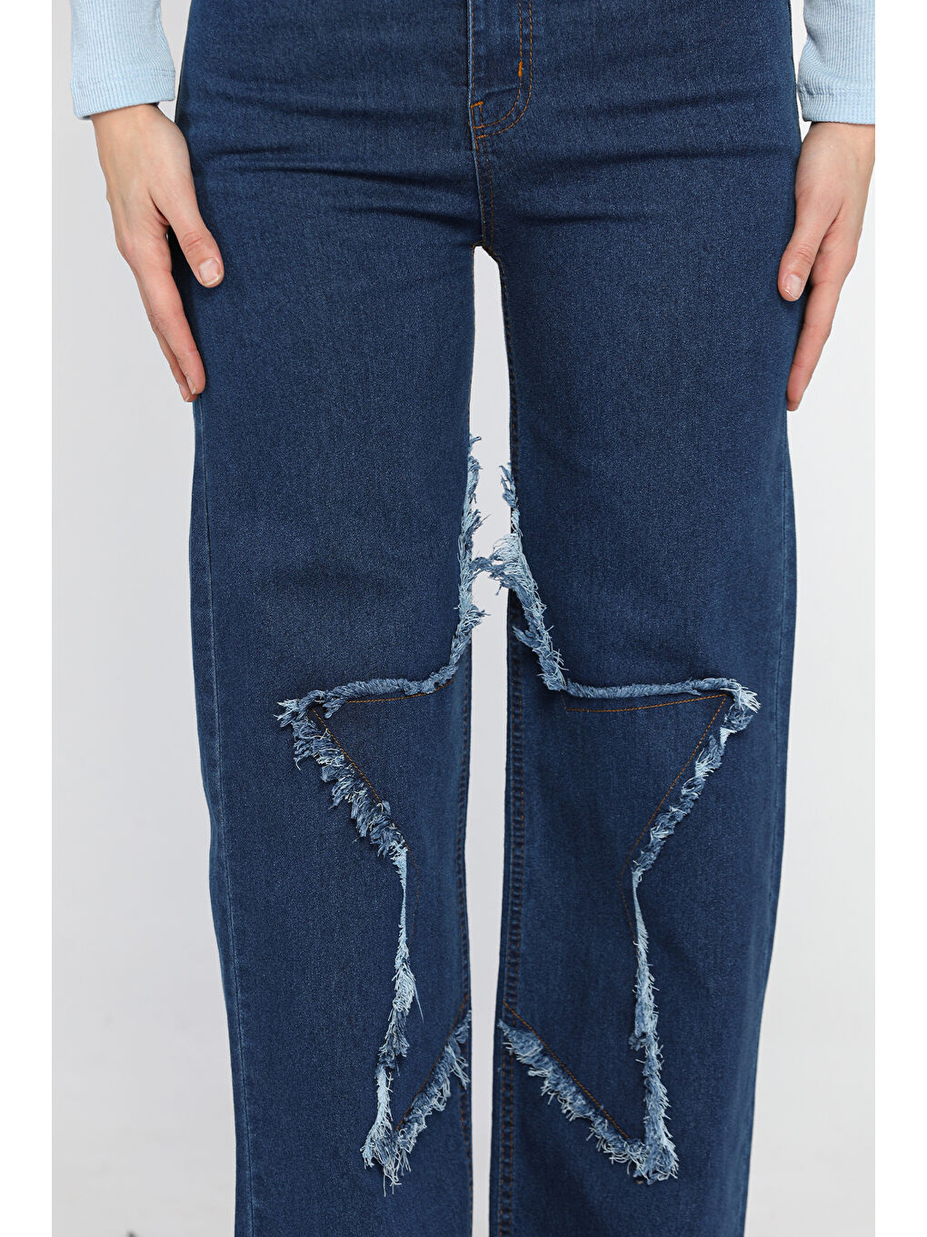 Lacivert Kadın Yüksek Bel Püskül Detaylı Bol Paça Jean Pantolon-3