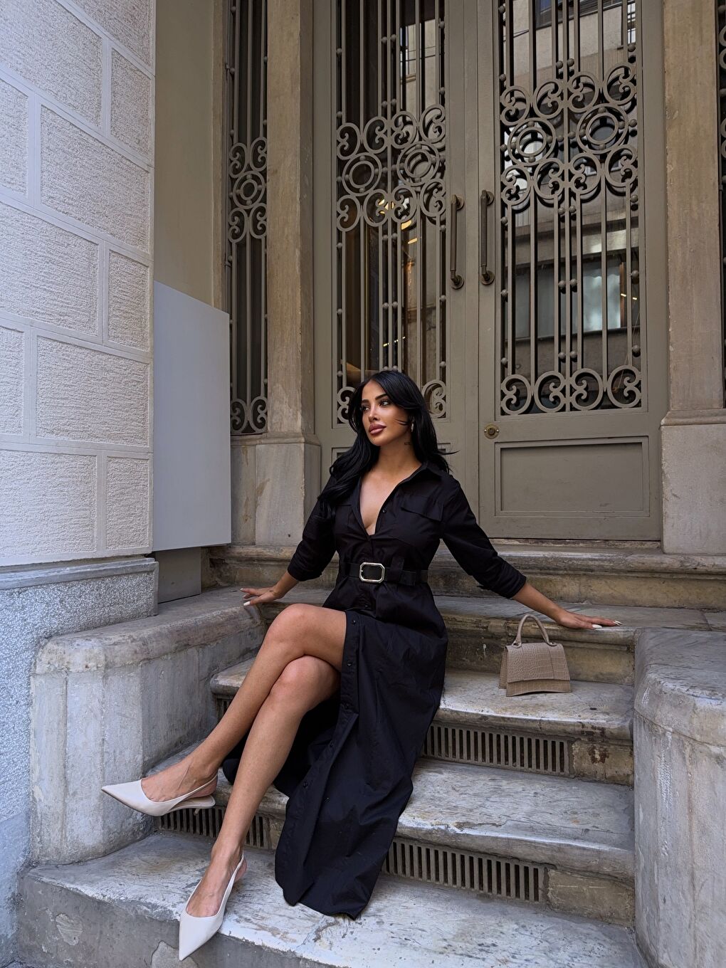 Çift Cep Detay Gömlek Elbise Siyah-2