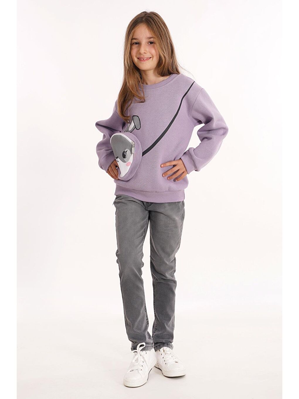 Tavşan Baskılı Çantalı Lila Renk Kız Çocuk Sweat