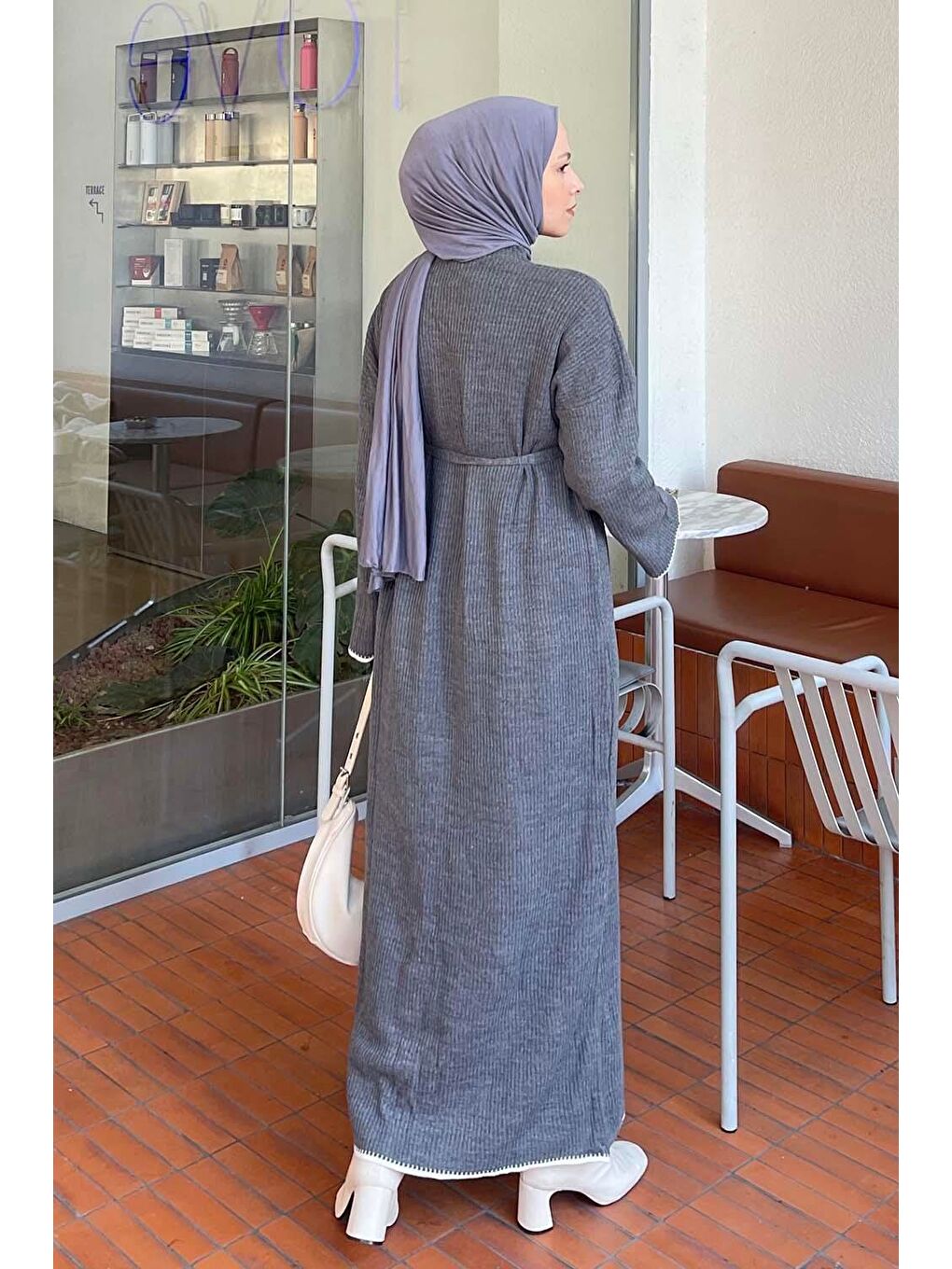 Gri Fitilli Kol Ve Etek Ucu Manşetli Triko Tesettür Elbise Füme-1