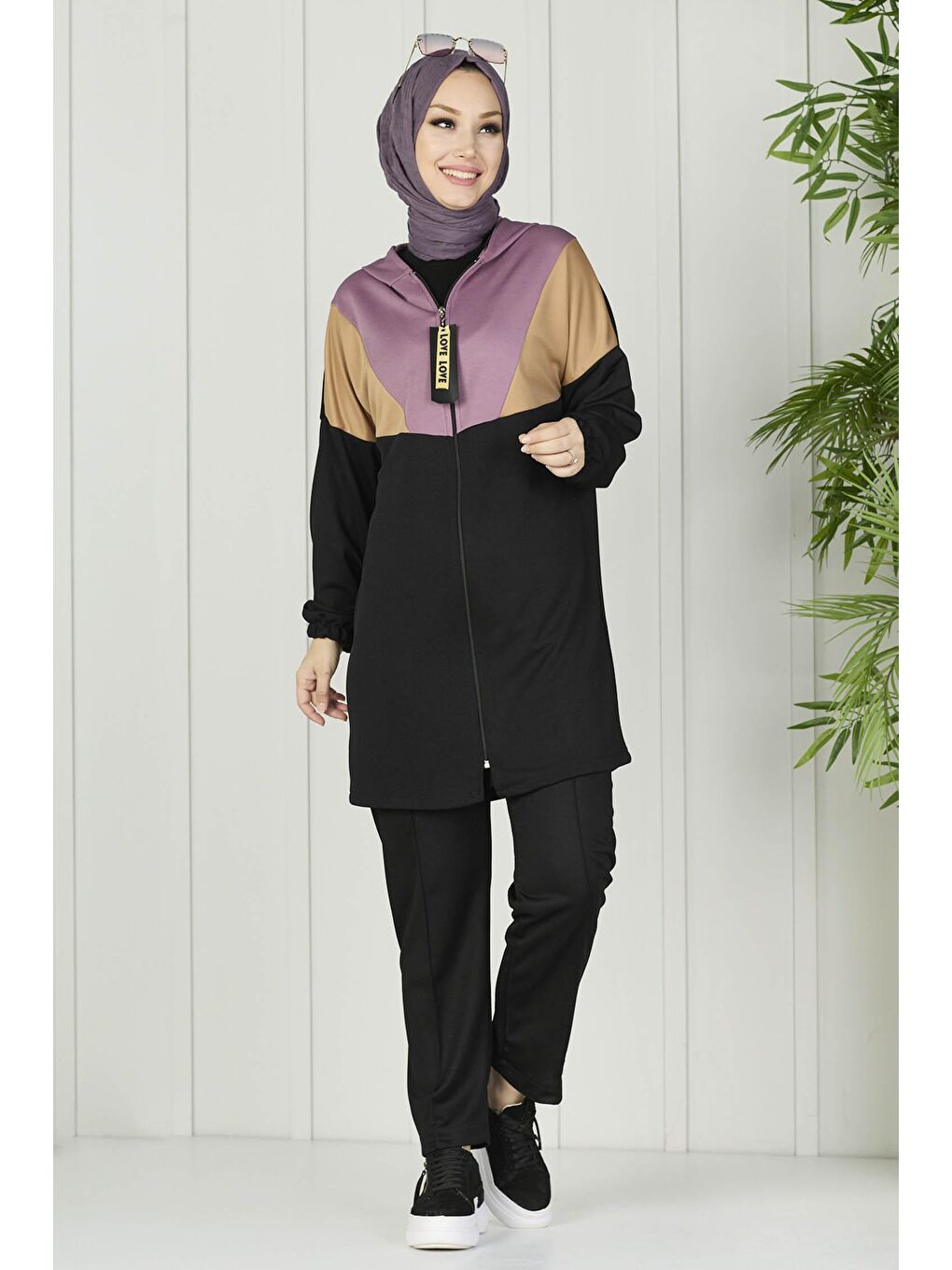 Kapüşonlu Yaka Kadın Lila Tunik Pantolon - 11060